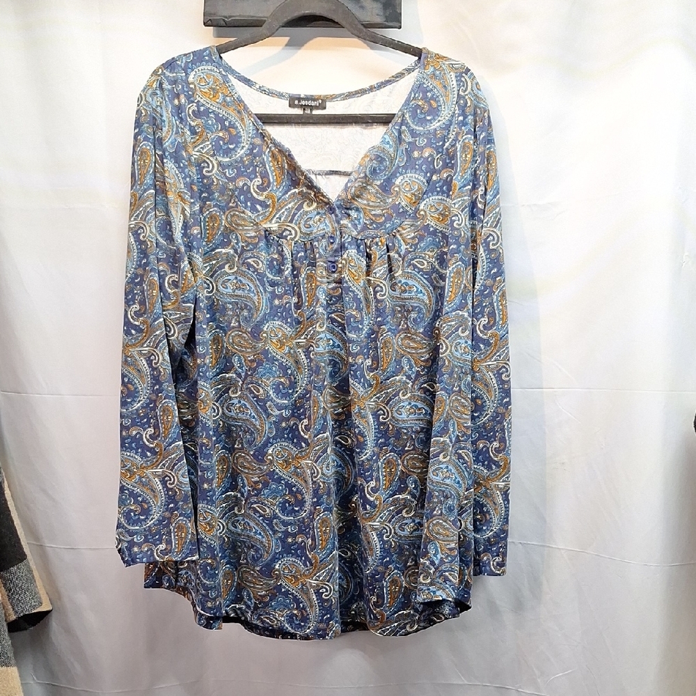 Blue and Tan Long Sleeve Tie Front Tunic